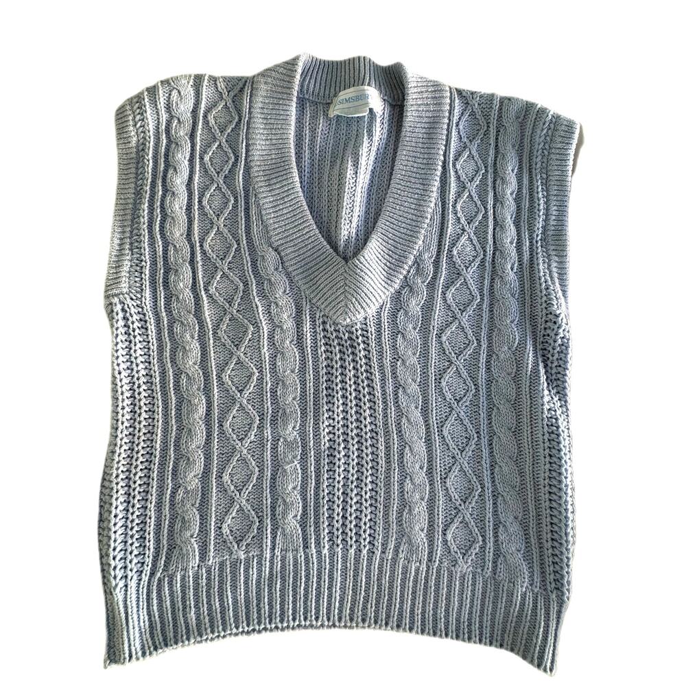 L. Simsbury Ltd. Light Blue Ramie Cotton Cable Knit V-Neck Pullover Vest Small